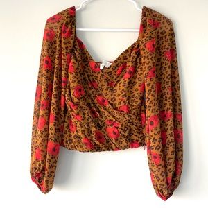 ASTR The Label Floral Leopard Chiffon Long Sleeve Blouse
